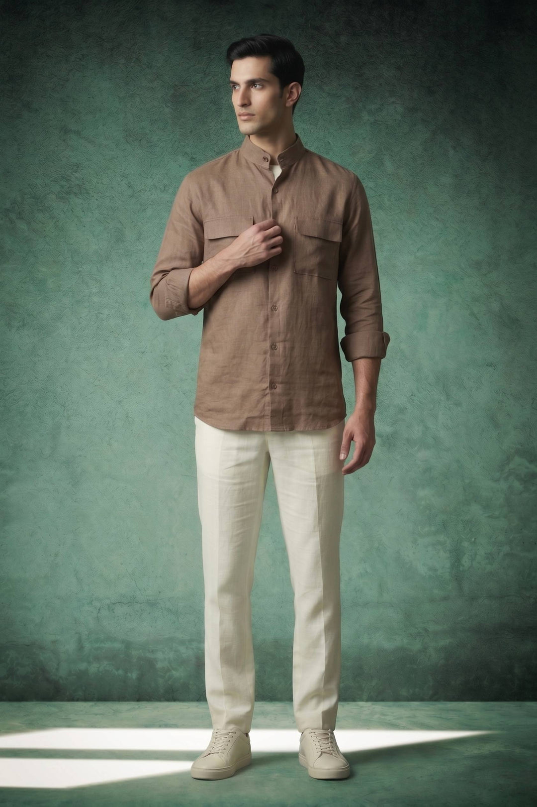 Linen Mandarin Collar Over Shirt – Mocha Brown