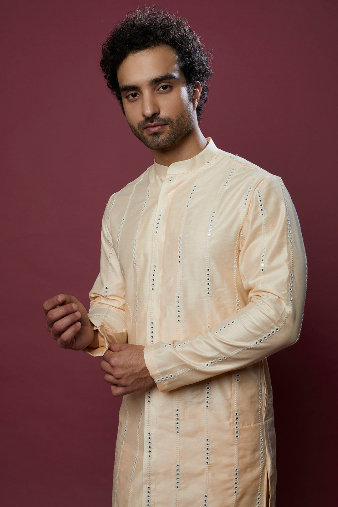 Abees Beige cotton silk mirrorwork kurta set - back view