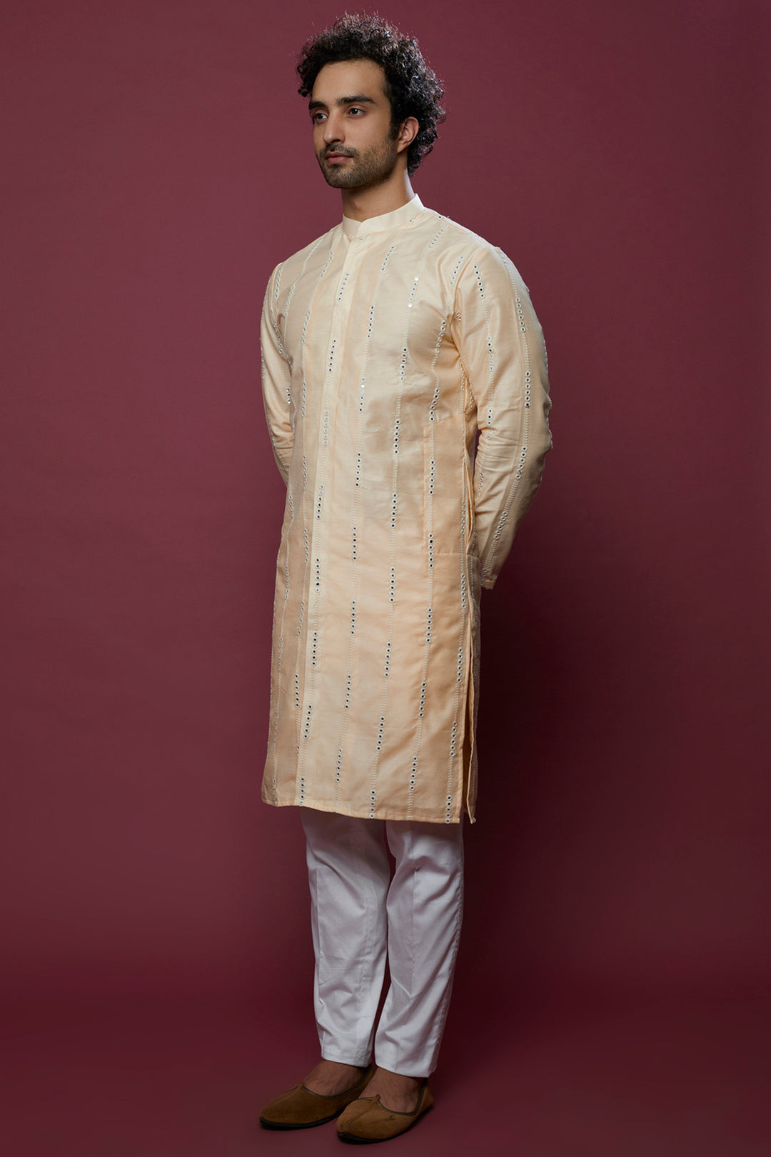 Abees Beige cotton silk mirrorwork kurta set - front view
