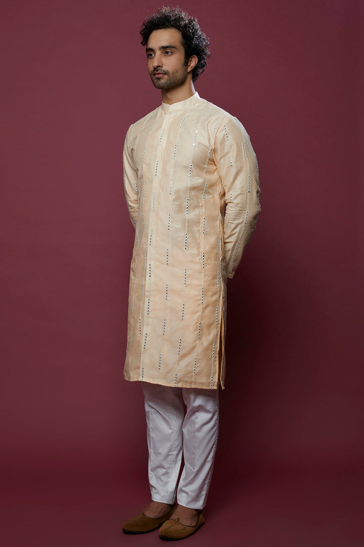 Abees Beige cotton silk mirrorwork kurta set - front view