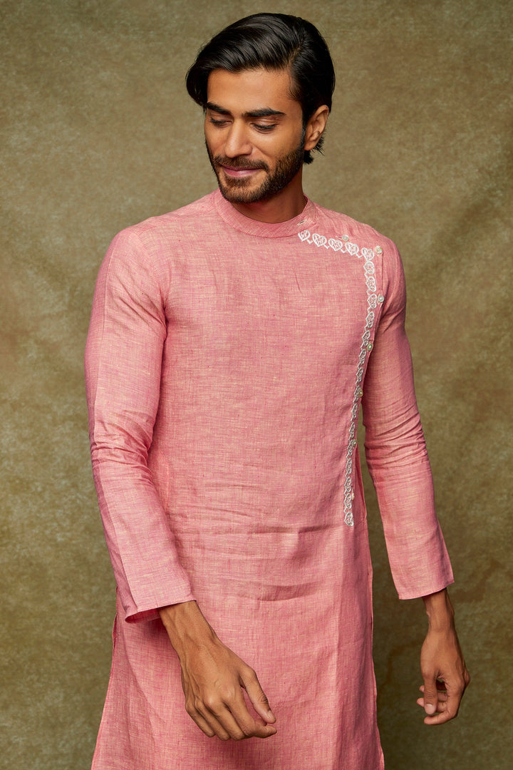 Abees Pink linen hand embroidered kurta set - back view