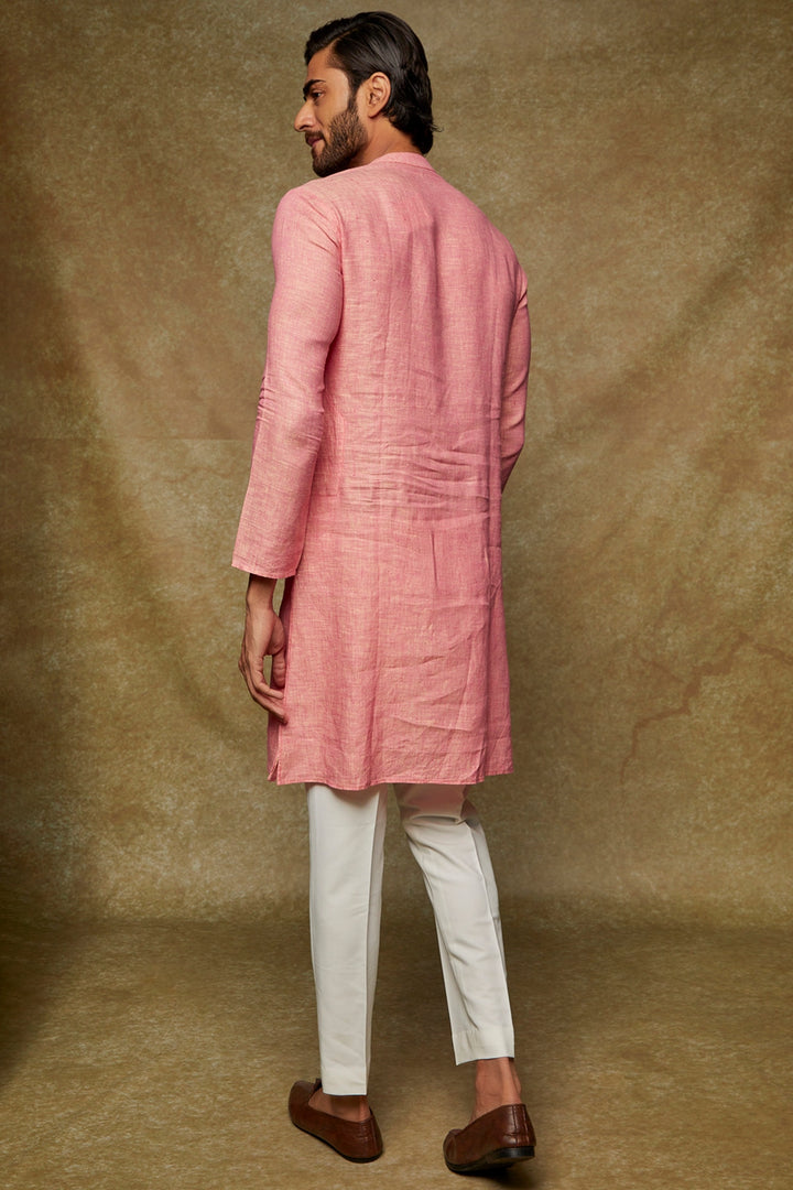 Abees Pink linen hand embroidered kurta set - side view