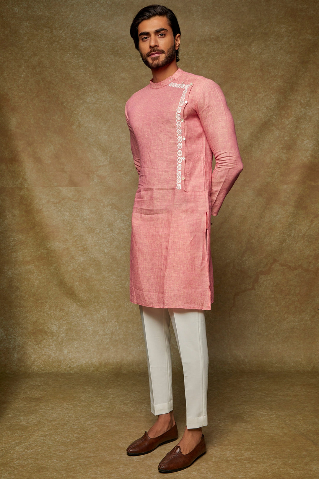 Abees Pink linen hand embroidered kurta set - front view