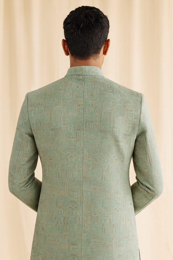 Abees Green jacquard geometric sherwani set - side view