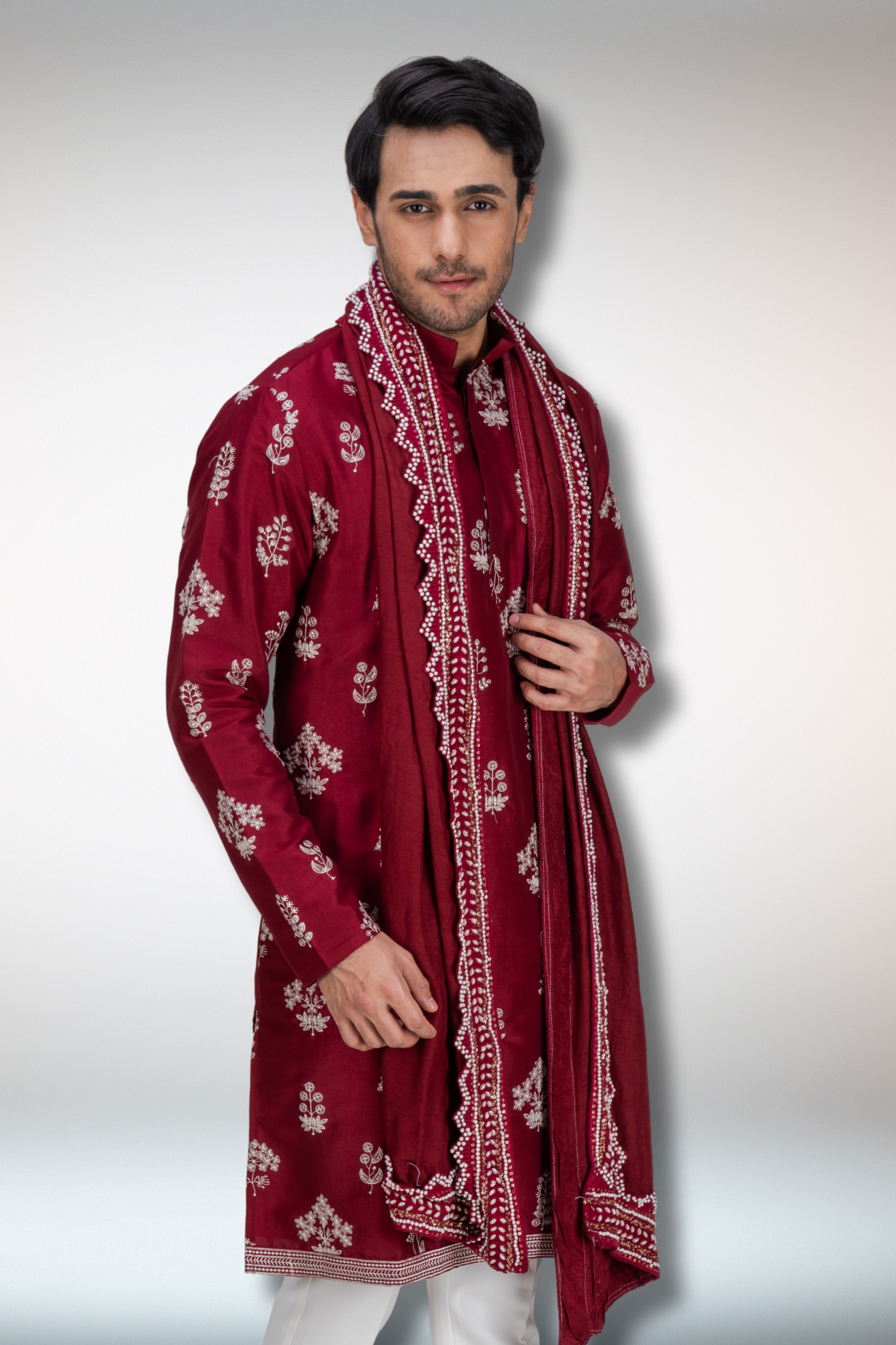 Red Handworked Kurta and Dupatta Set