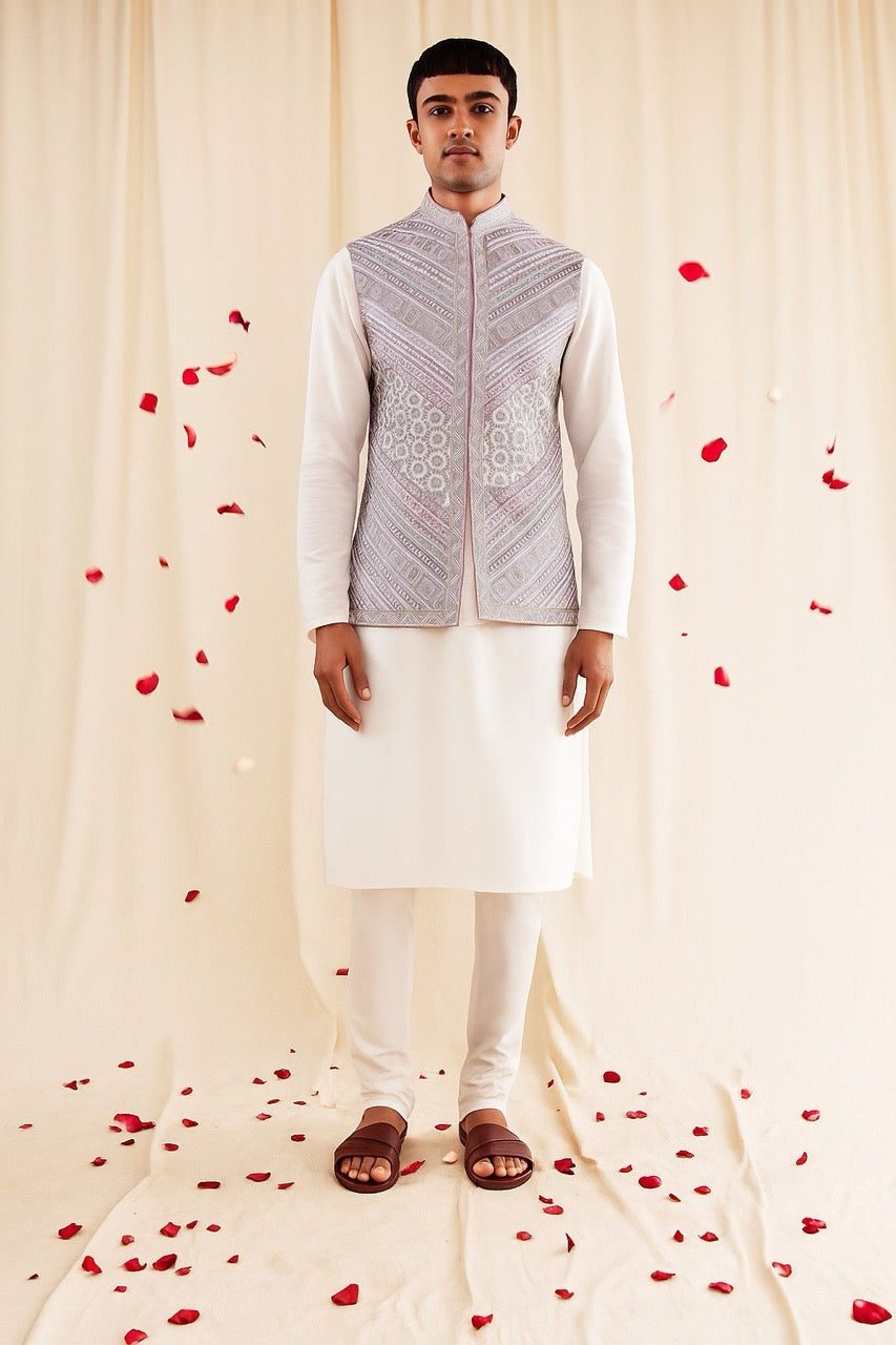 Ivory Kurta Set with Pastel Lavender Nehru Jacket – Elegant Festive & Wedding Wear