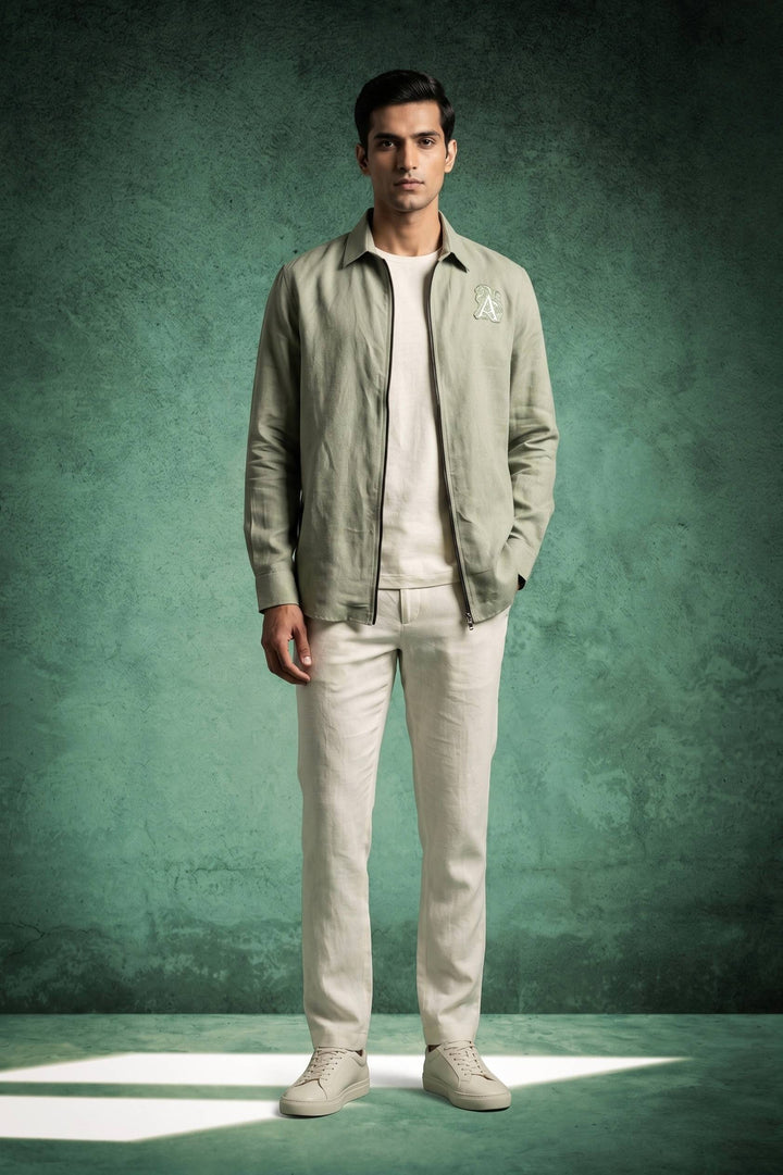 Olive Green Linen Zip-Up Over Shirt