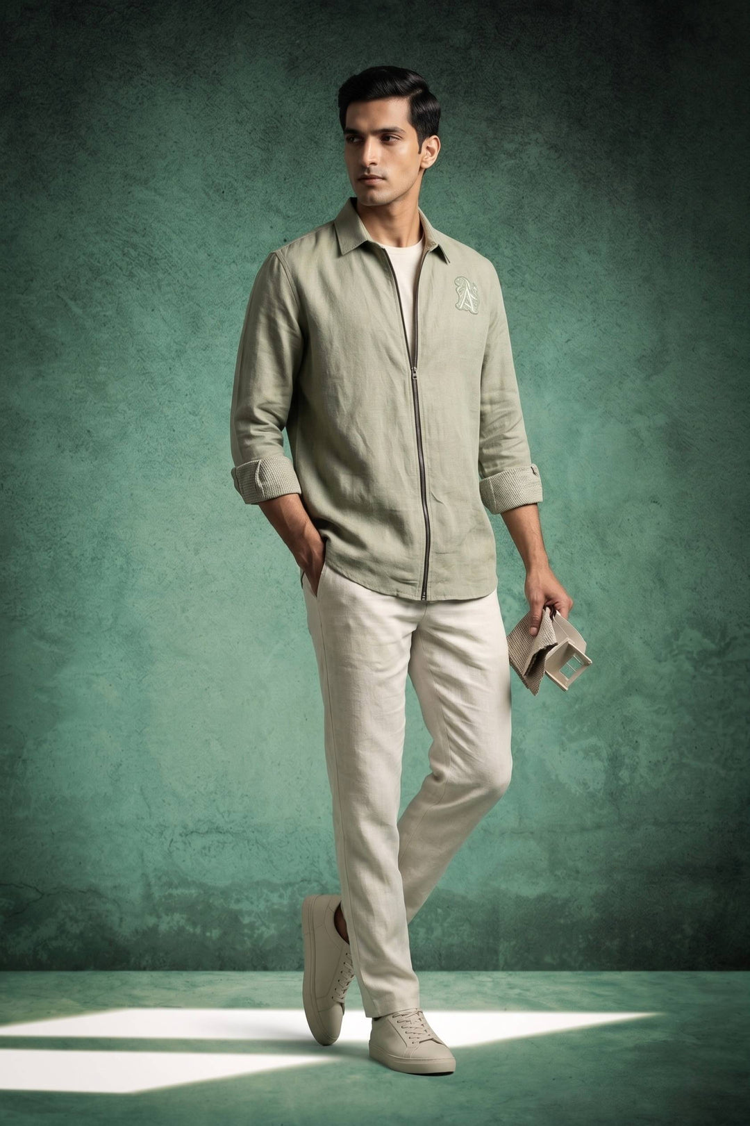 Olive Green Linen Zip-Up Over Shirt