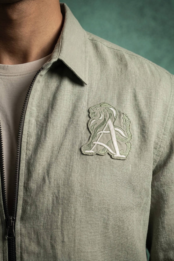 Olive Green Linen Zip-Up Over Shirt