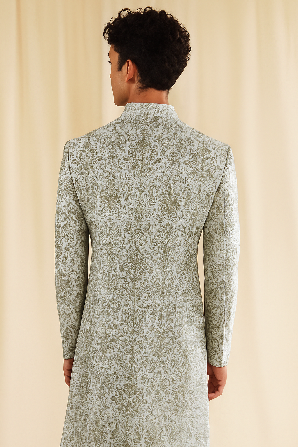 Silver Grey Jacquard Sherwani for Men – Elegant Wedding & Festive Wear