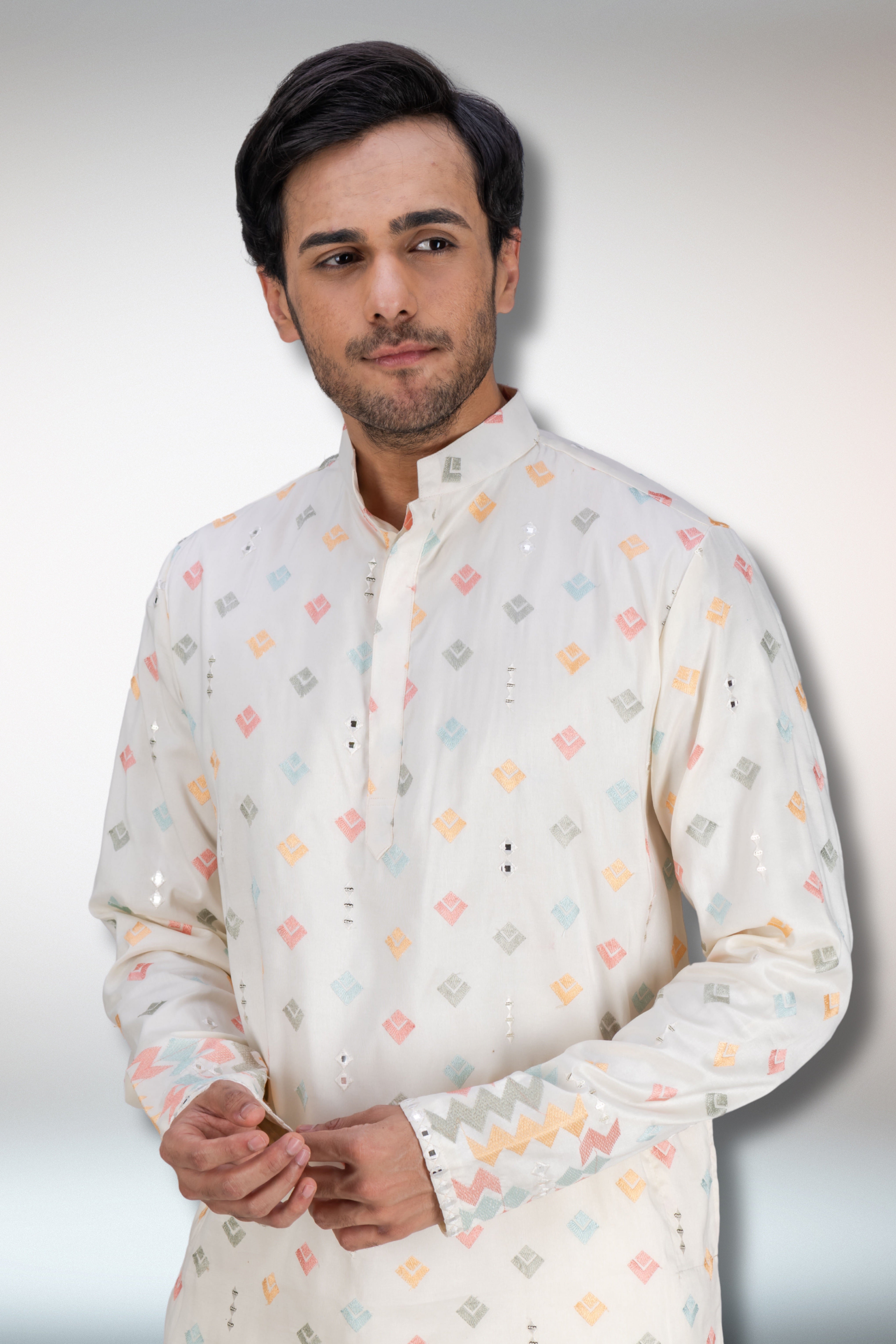 Multi Colour worked ivory kurta