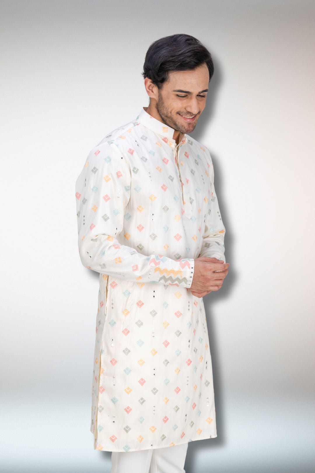 Abees Multi colour embroidered ivory kurta set - front view