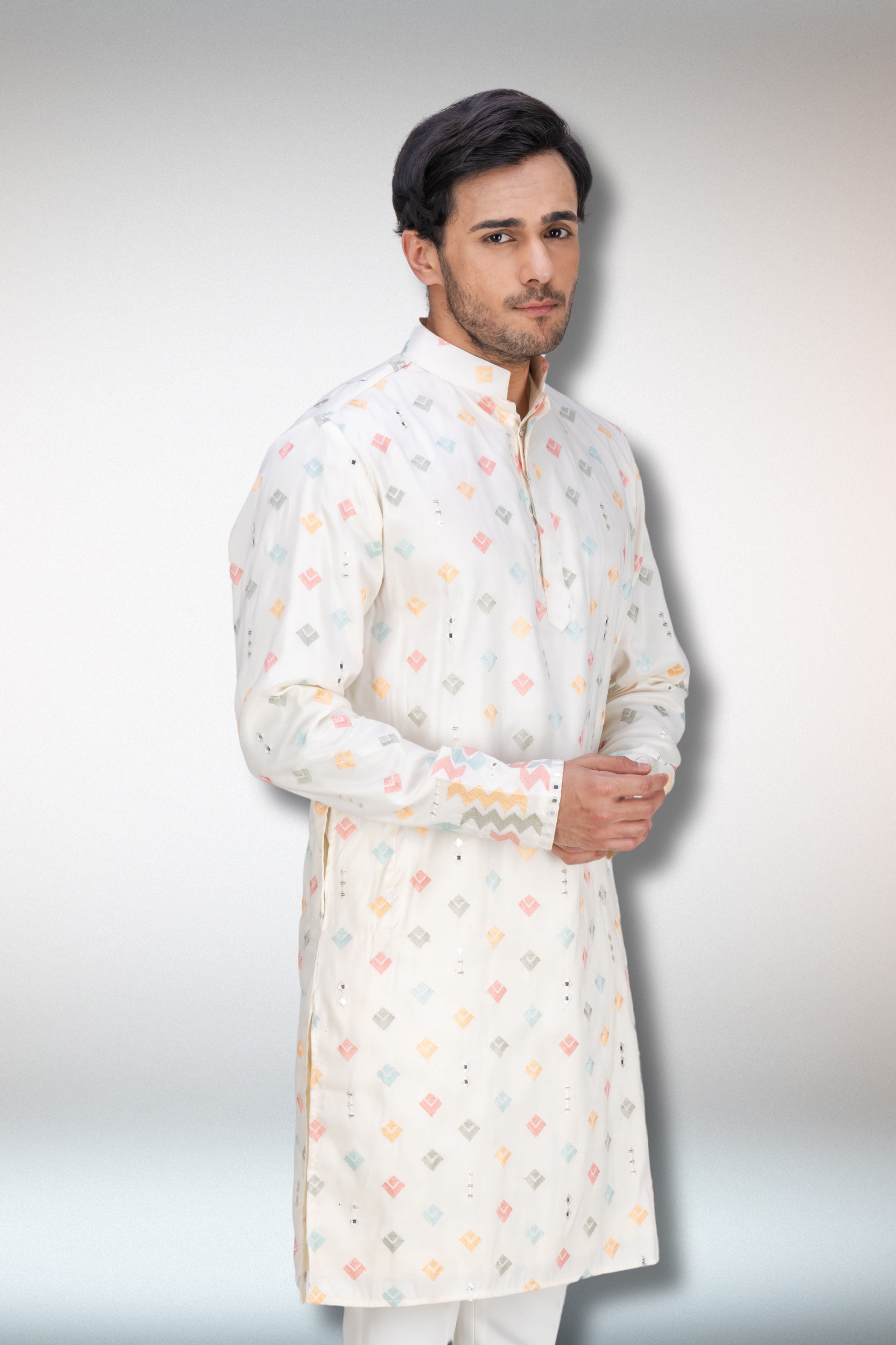 Multi Colour worked ivory kurta