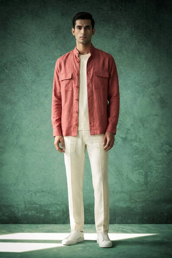 Dusty Rose Linen Mandarin Collar Over Shirt