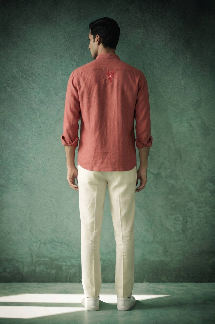 Dusty Rose Linen Mandarin Collar Over Shirt
