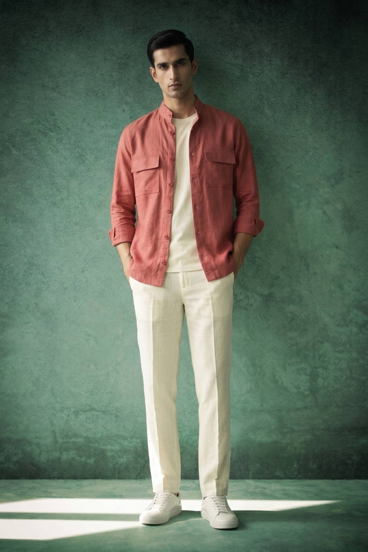 Dusty Rose Linen Mandarin Collar Over Shirt