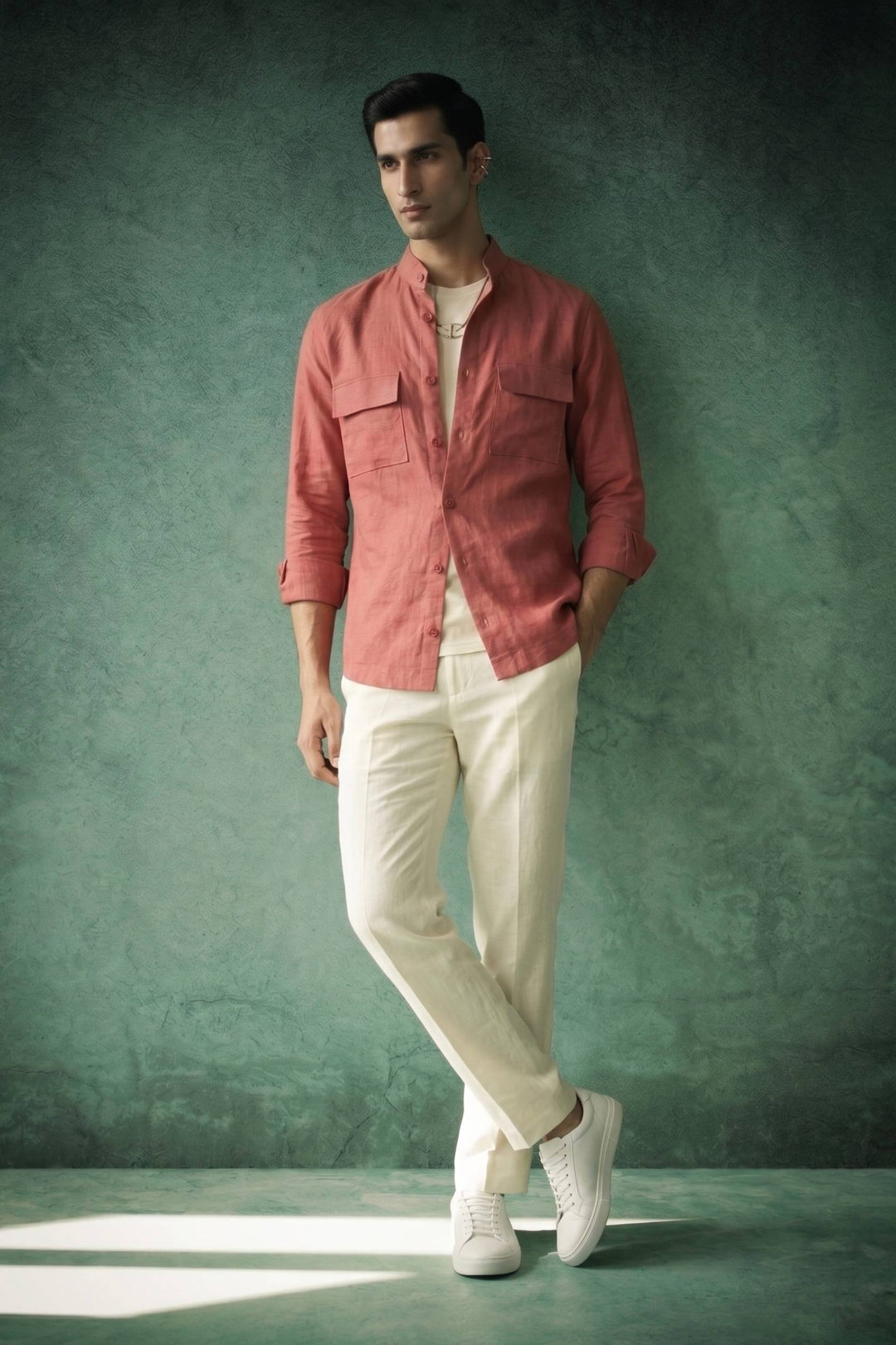 Dusty Rose Linen Mandarin Collar Over Shirt
