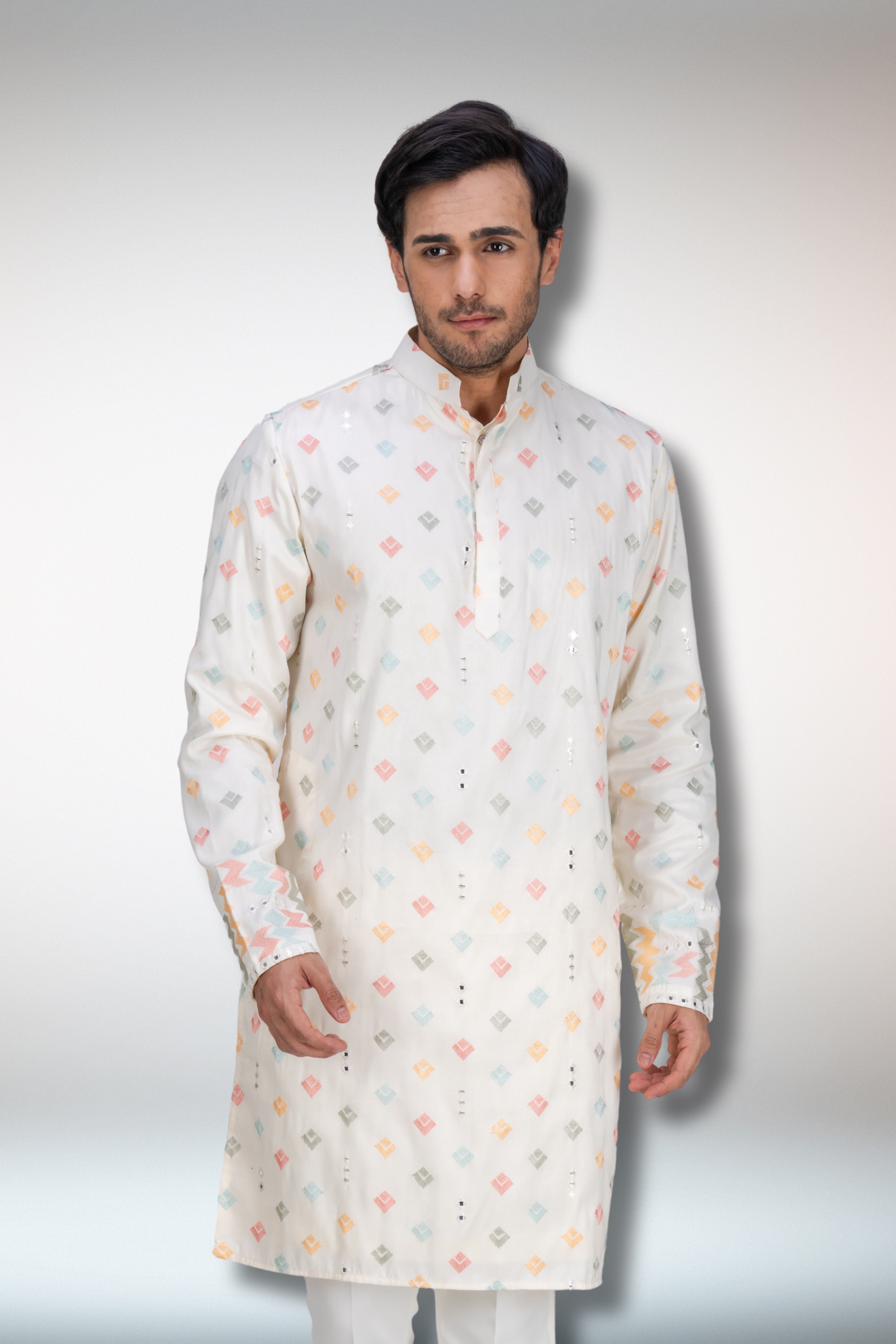 Multi Colour worked ivory kurta
