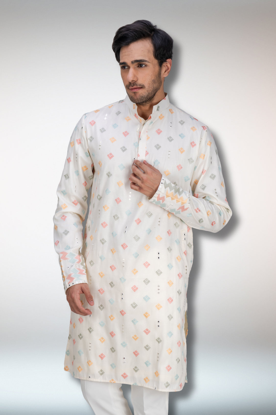 Abees Multi colour embroidered ivory kurta set - detail view 4