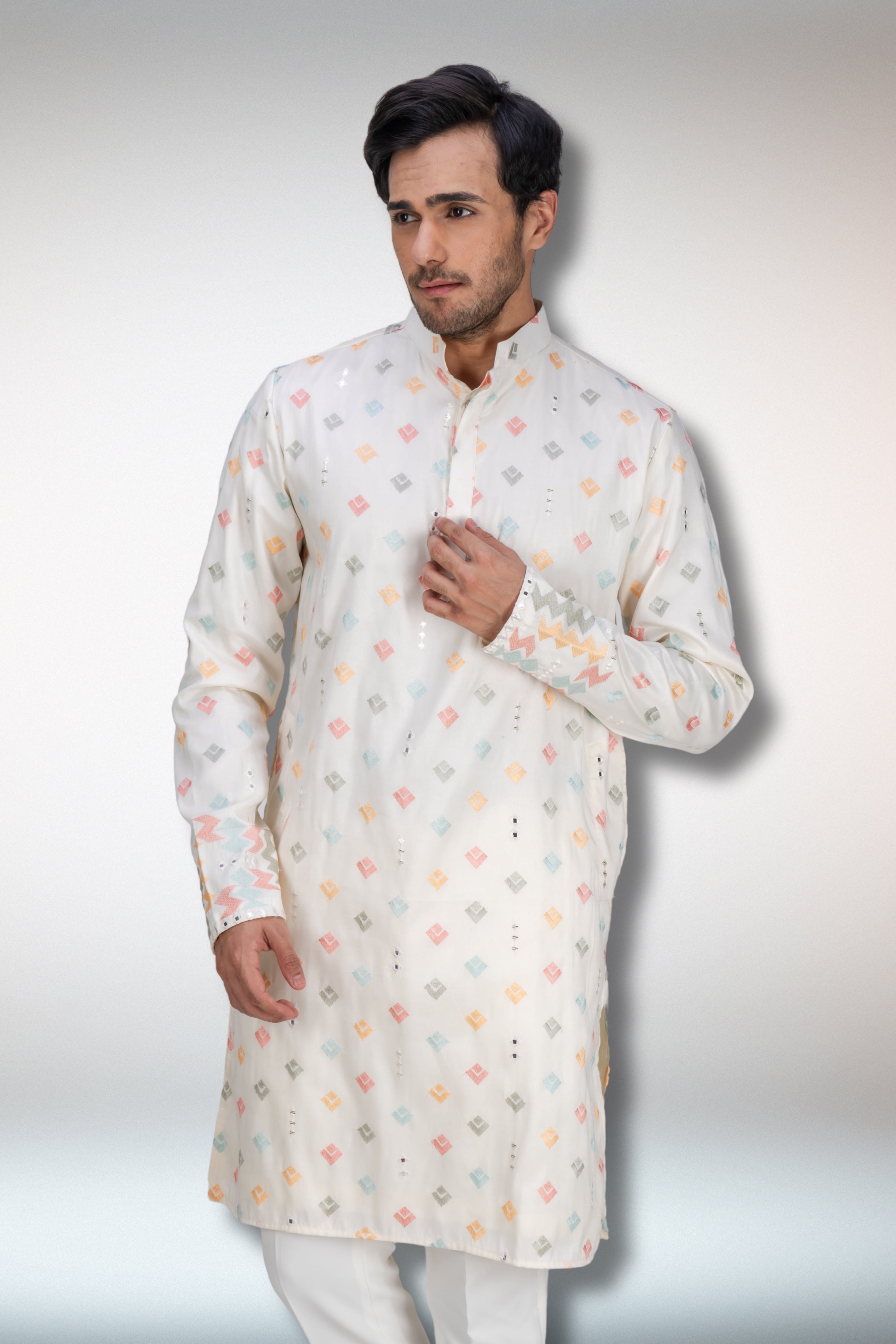 Multi Colour worked ivory kurta