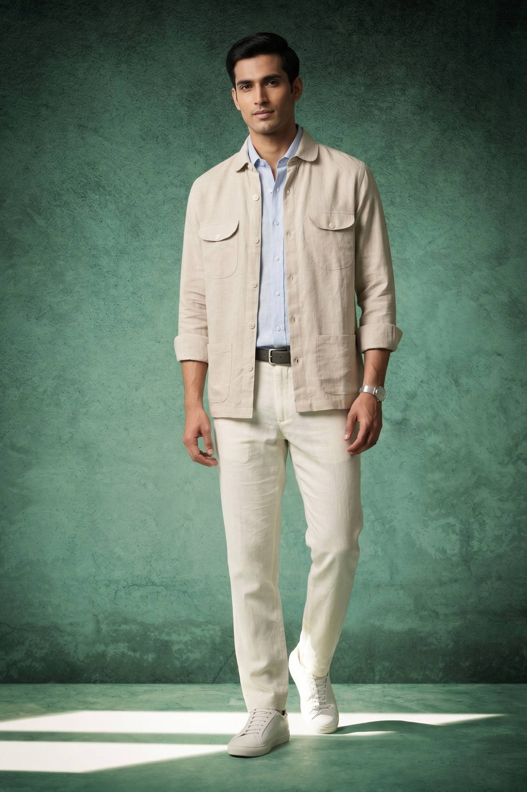 Sand Beige Linen Utility Over Shirt