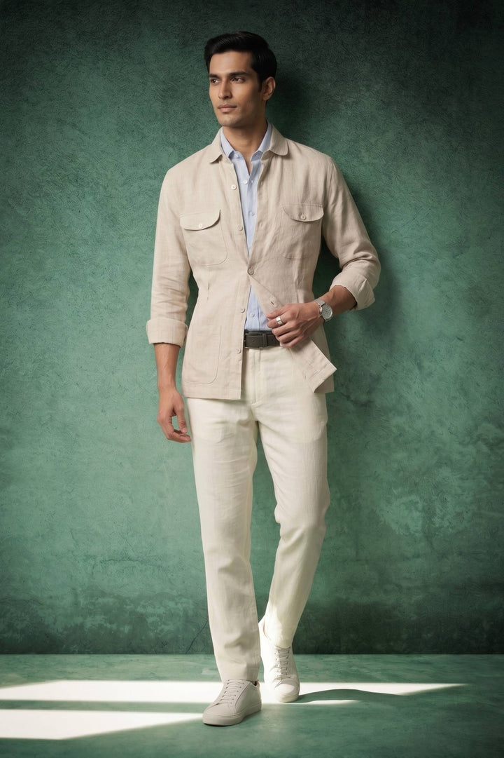 Sand Beige Linen Utility Over Shirt