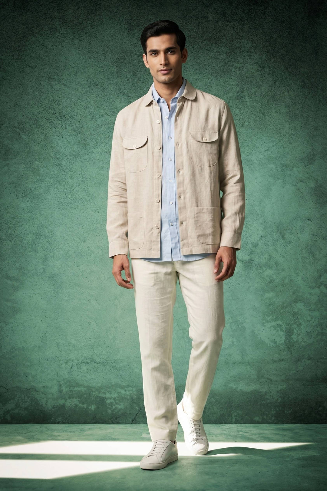 Sand Beige Linen Utility Over Shirt