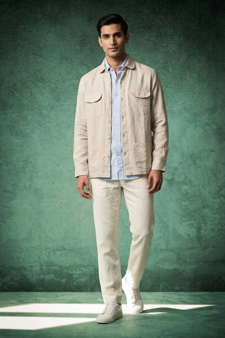 Sand Beige Linen Utility Over Shirt