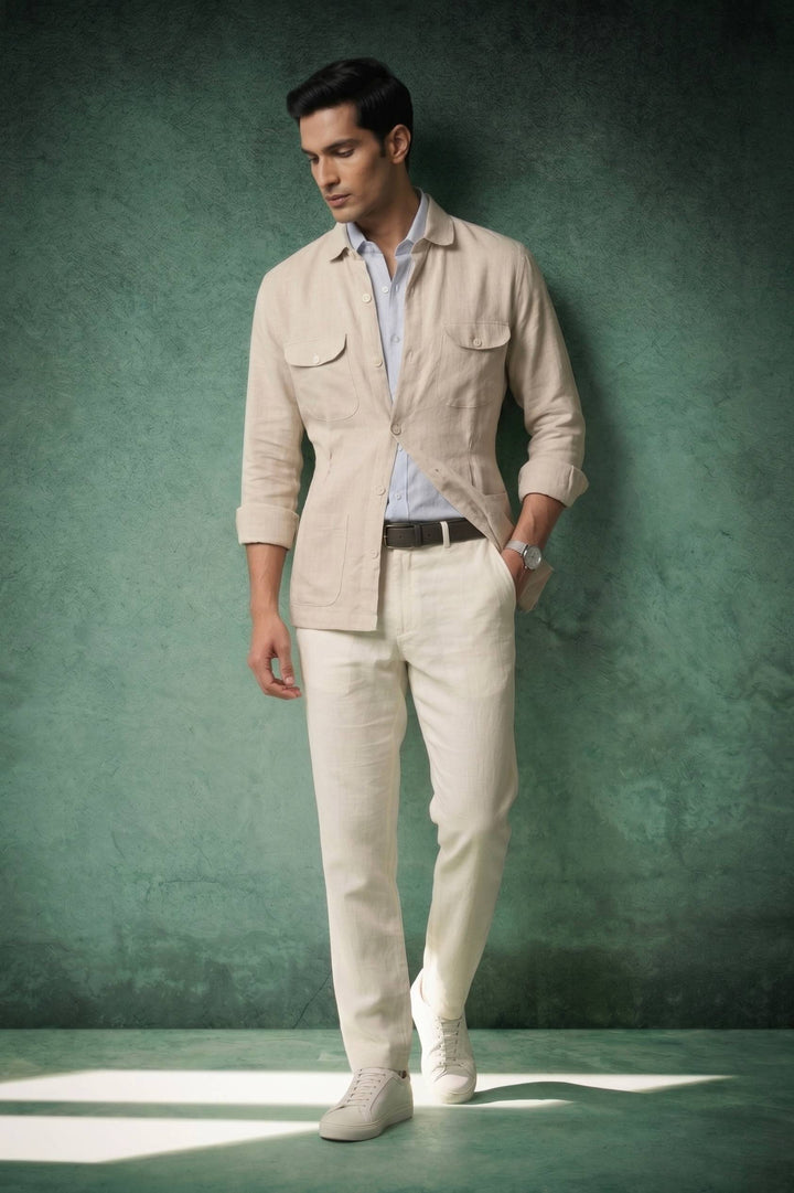 Sand Beige Linen Utility Over Shirt