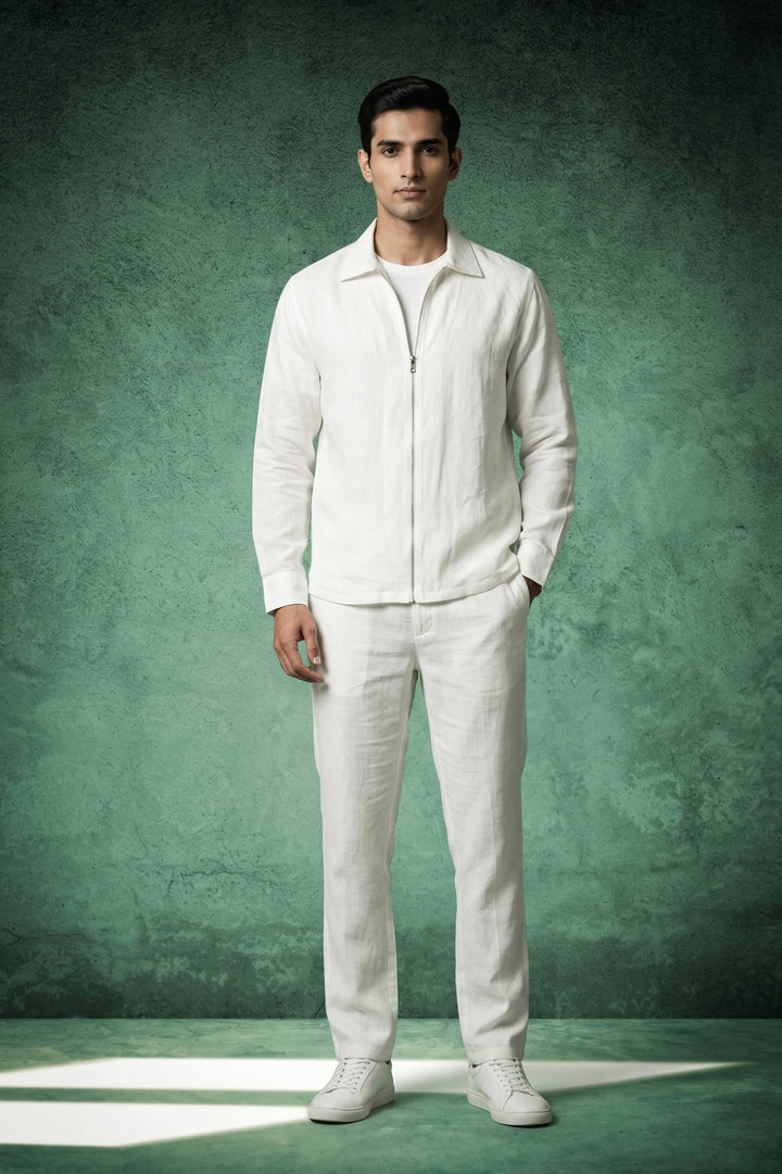 Ivory White Linen Zip-Up Overcoat