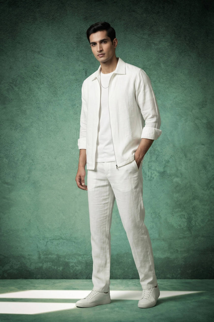 Ivory White Linen Zip-Up Overcoat