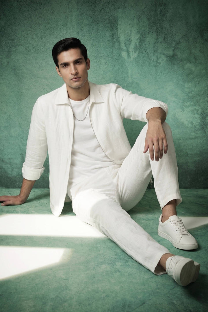 Ivory White Linen Zip-Up Overcoat
