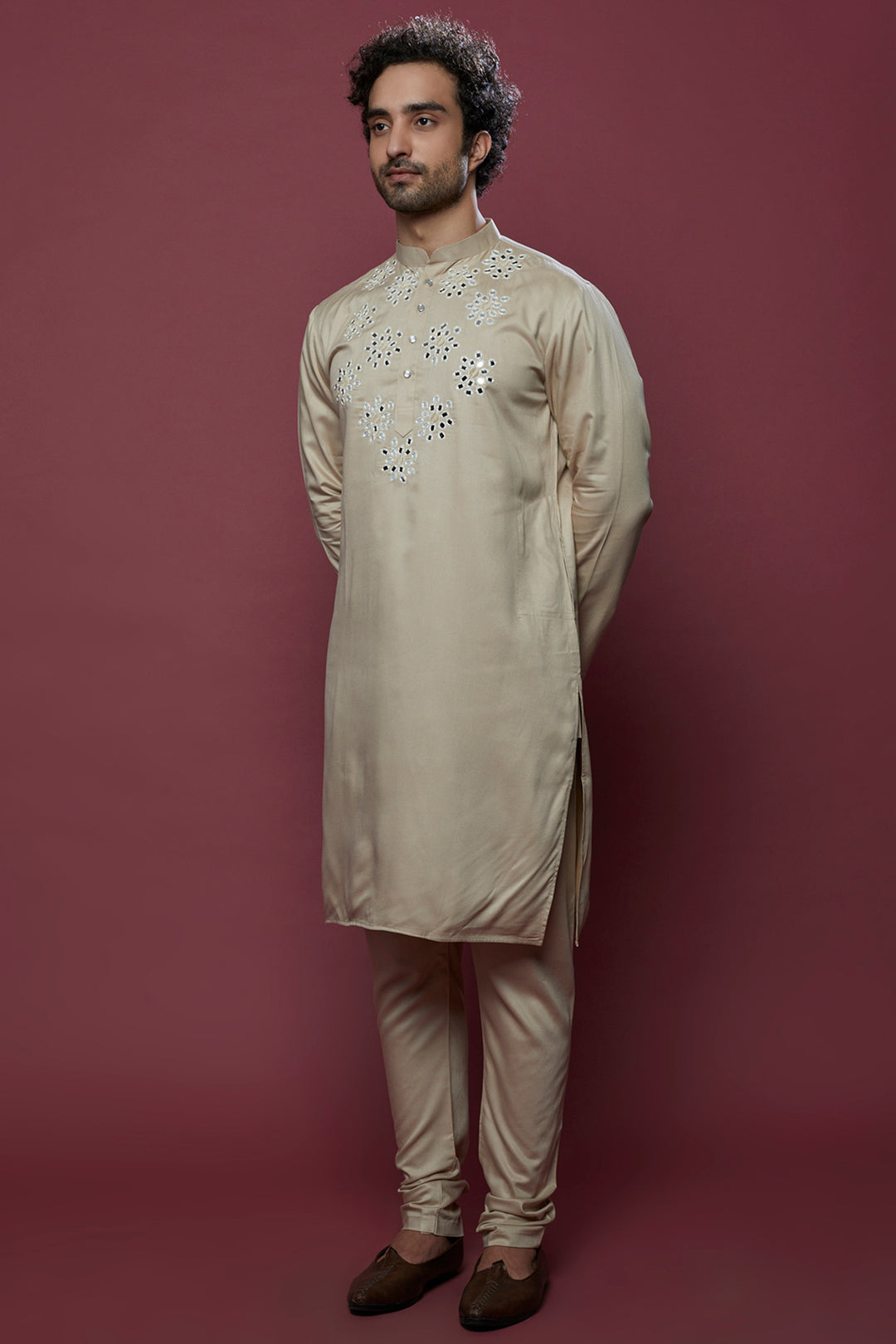 Abees Beige mirrorwork kurta set - front view