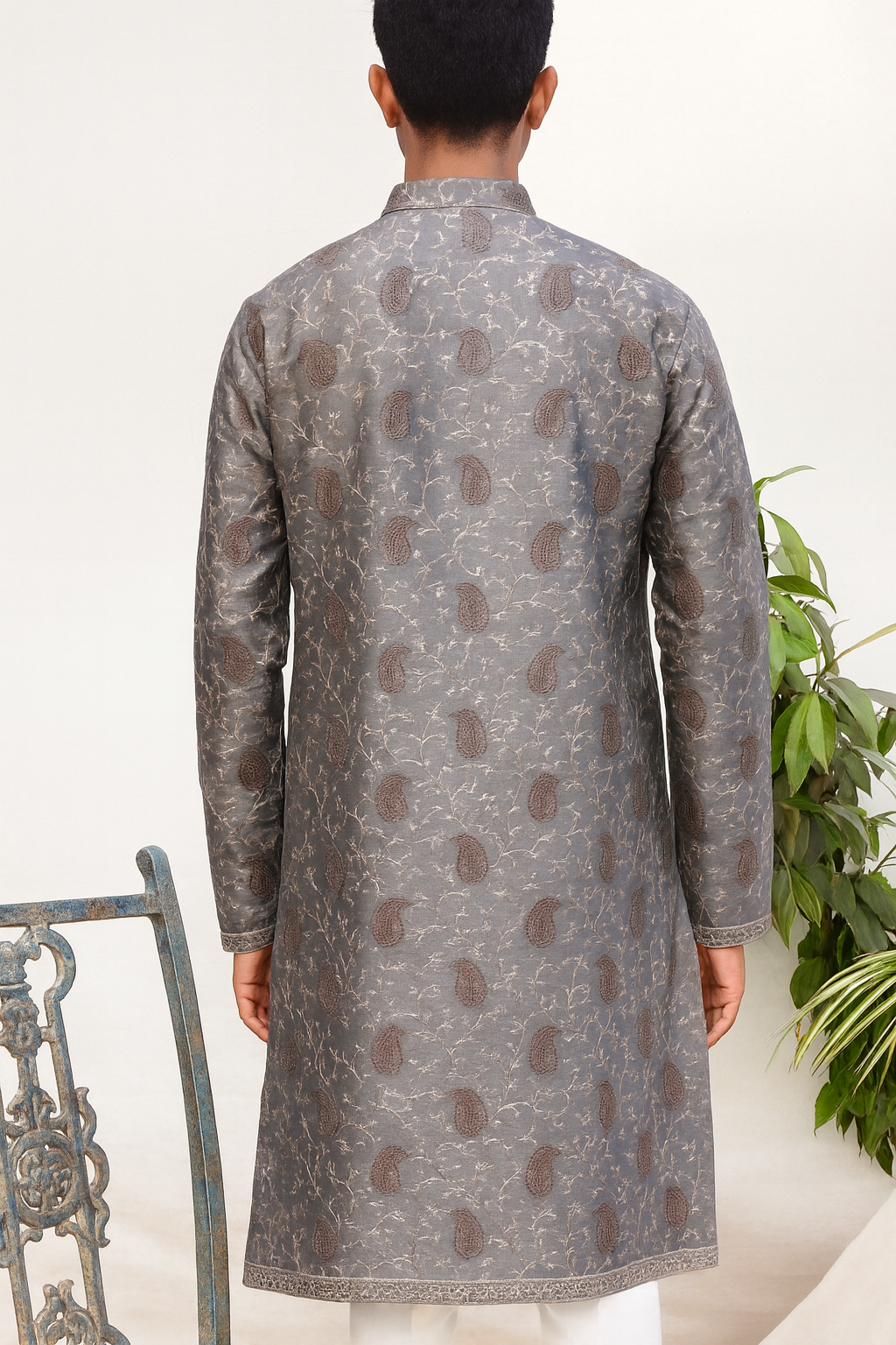Metallic Grey Jacquard Kurta for Men – Paisley Embroidered Festive Wear