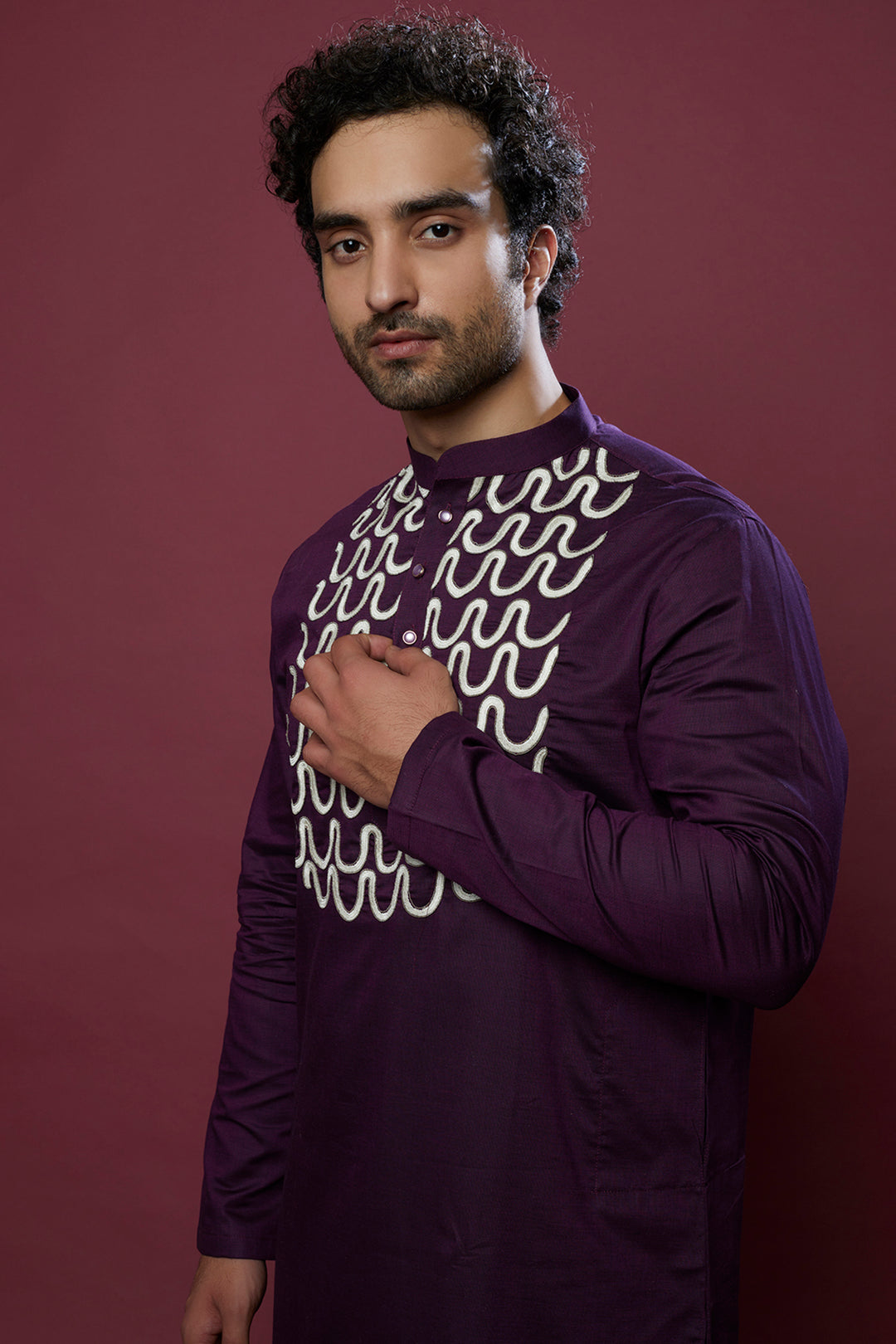 Abees Purple cotton silk hand embroidered kurta set - back view
