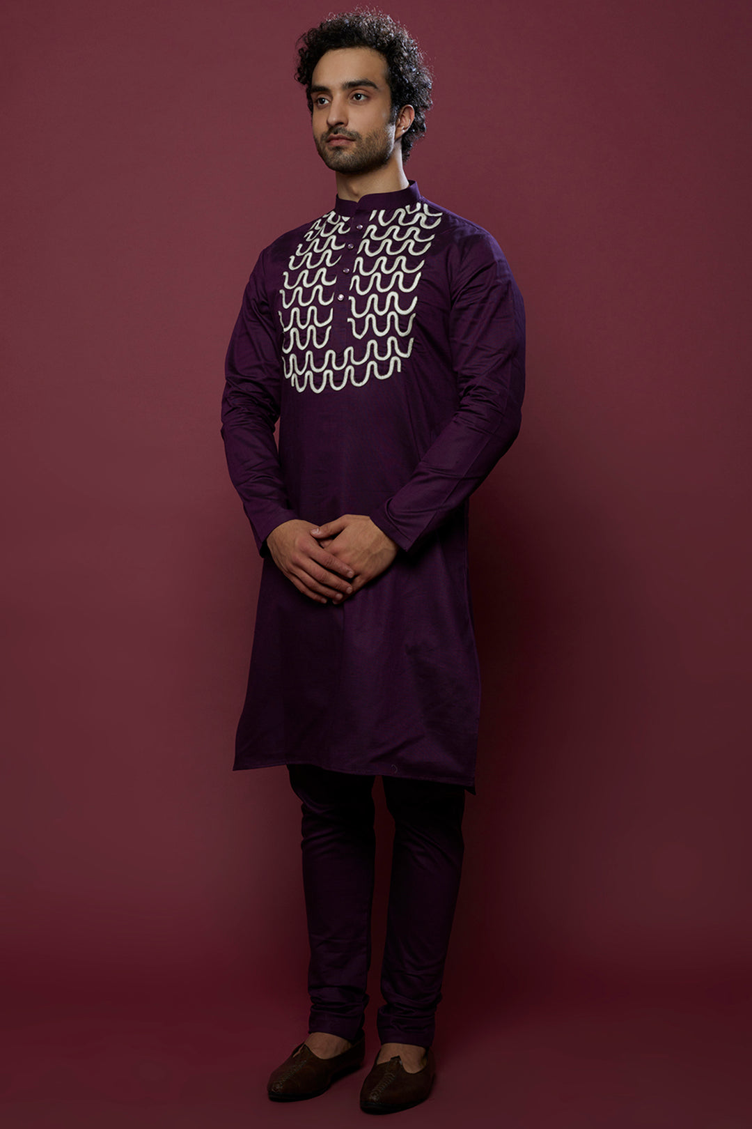 Abees Purple cotton silk hand embroidered kurta set - front view