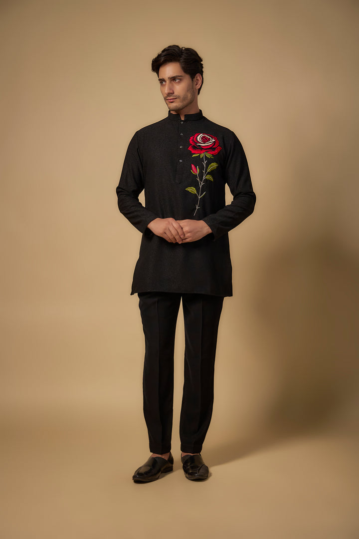 Abees Black viscose threadwork kurta set - front view