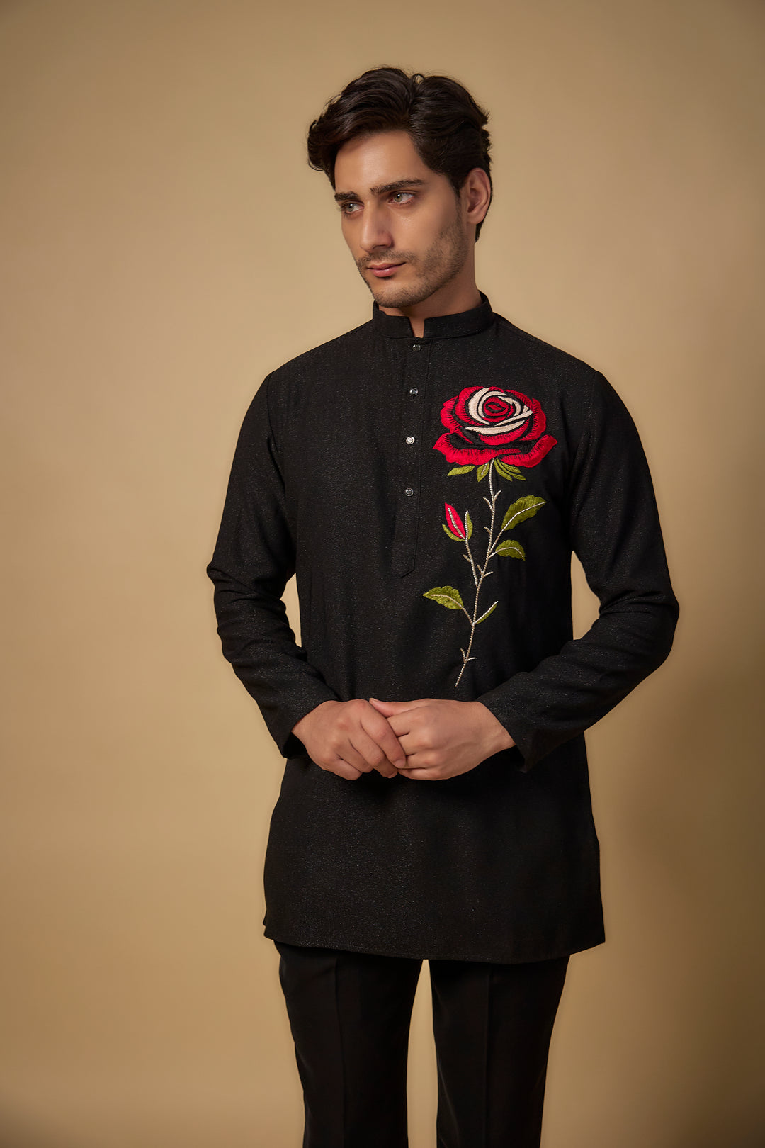 Abees Black viscose threadwork kurta set - back view
