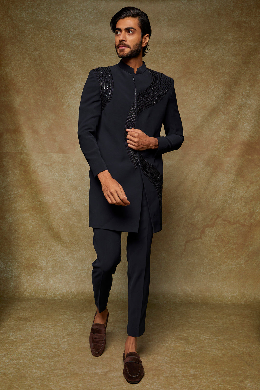 Abees Blue twill hand embroidered indo-western jacket set - front view