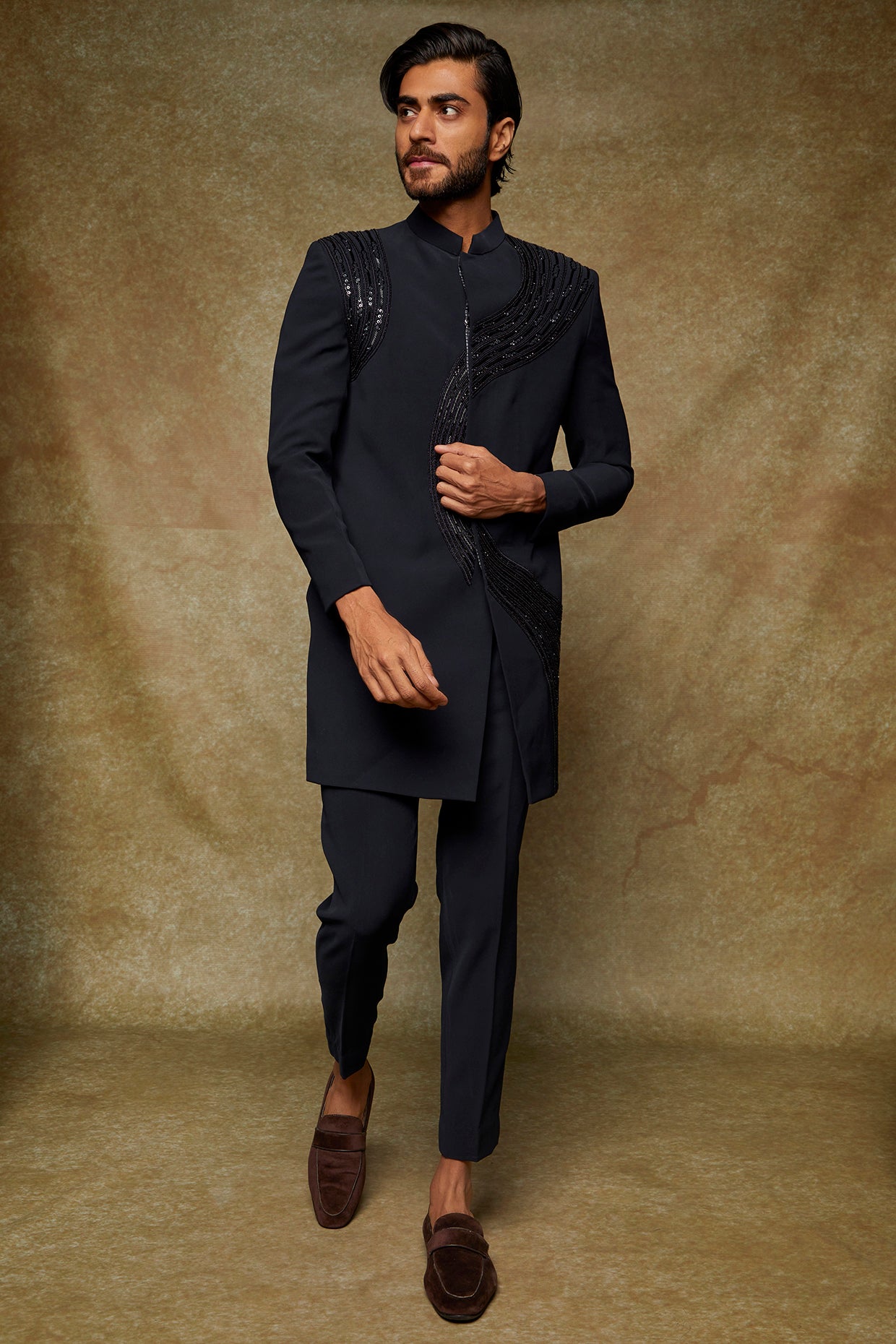 Abees Blue twill hand embroidered indo-western jacket set - front view