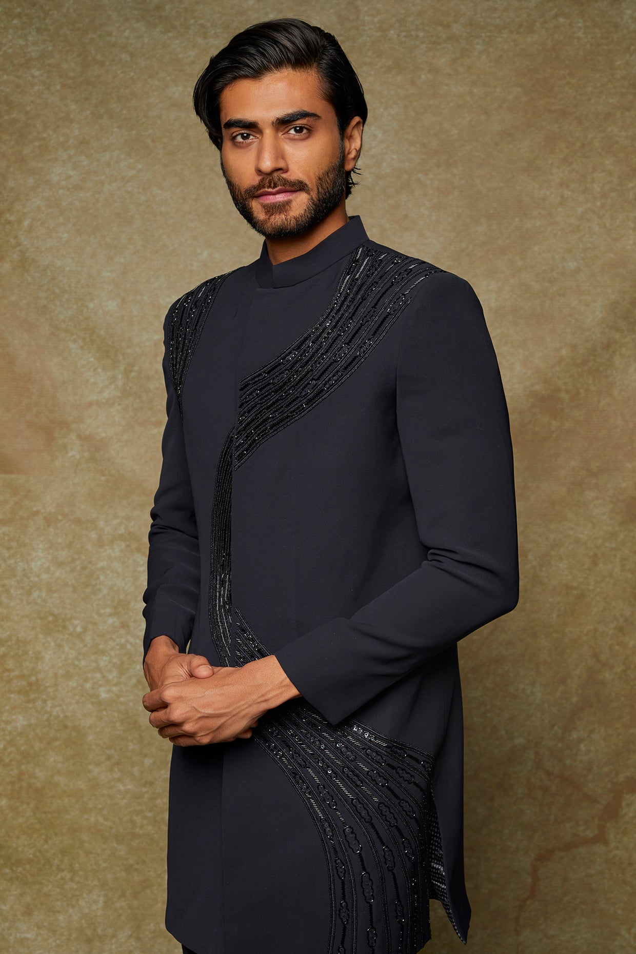 Abees Blue twill hand embroidered indo-western jacket set - side view