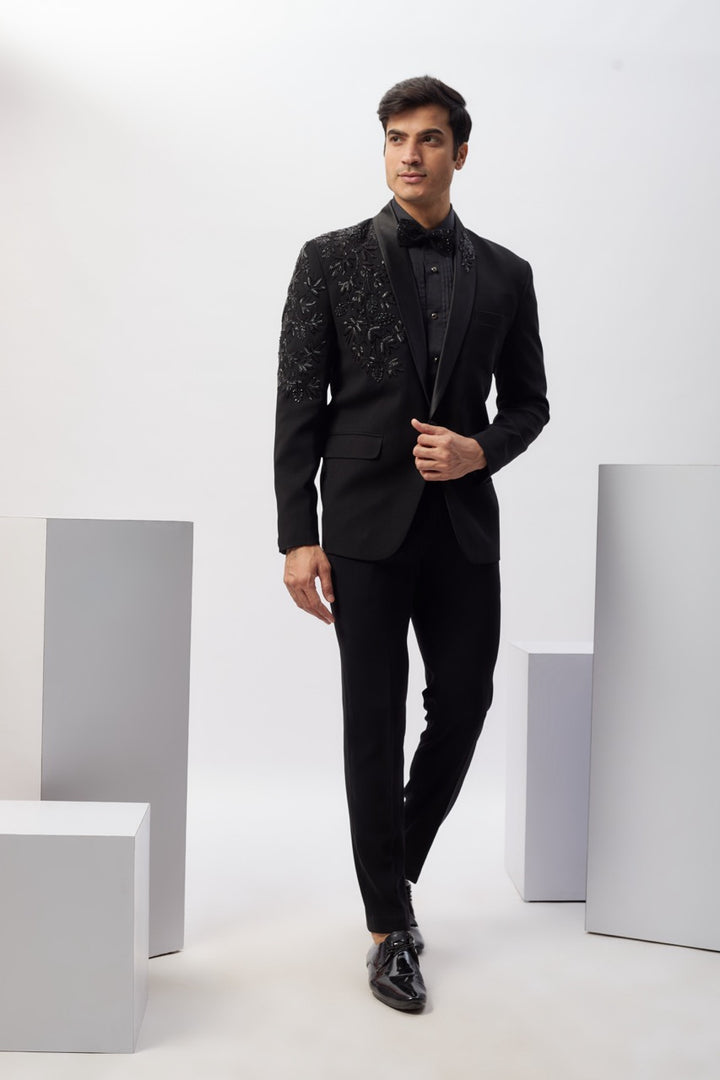 Abees Black viscose hand embroidered tuxedo set - front view