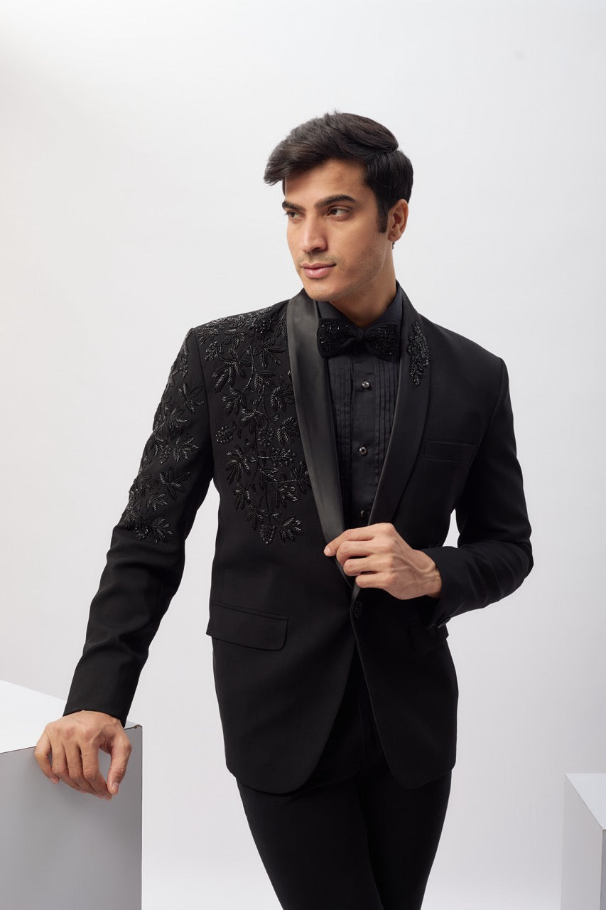 Abees Black viscose hand embroidered tuxedo set - side view
