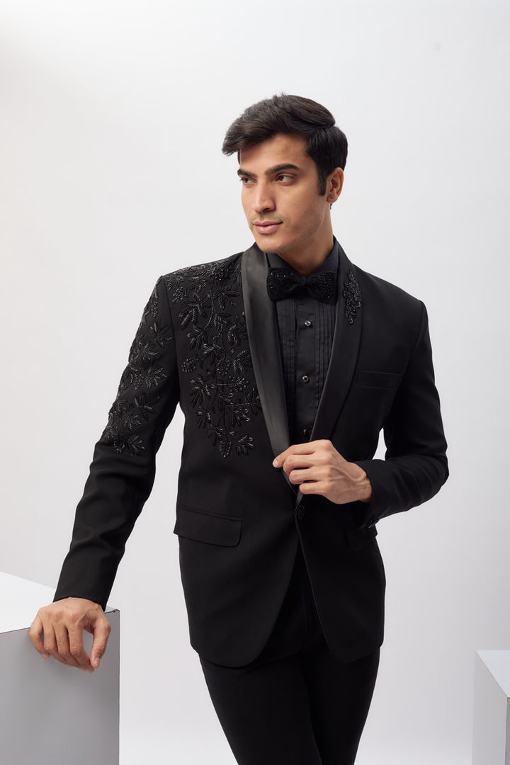 Abees Black viscose hand embroidered tuxedo set - side view