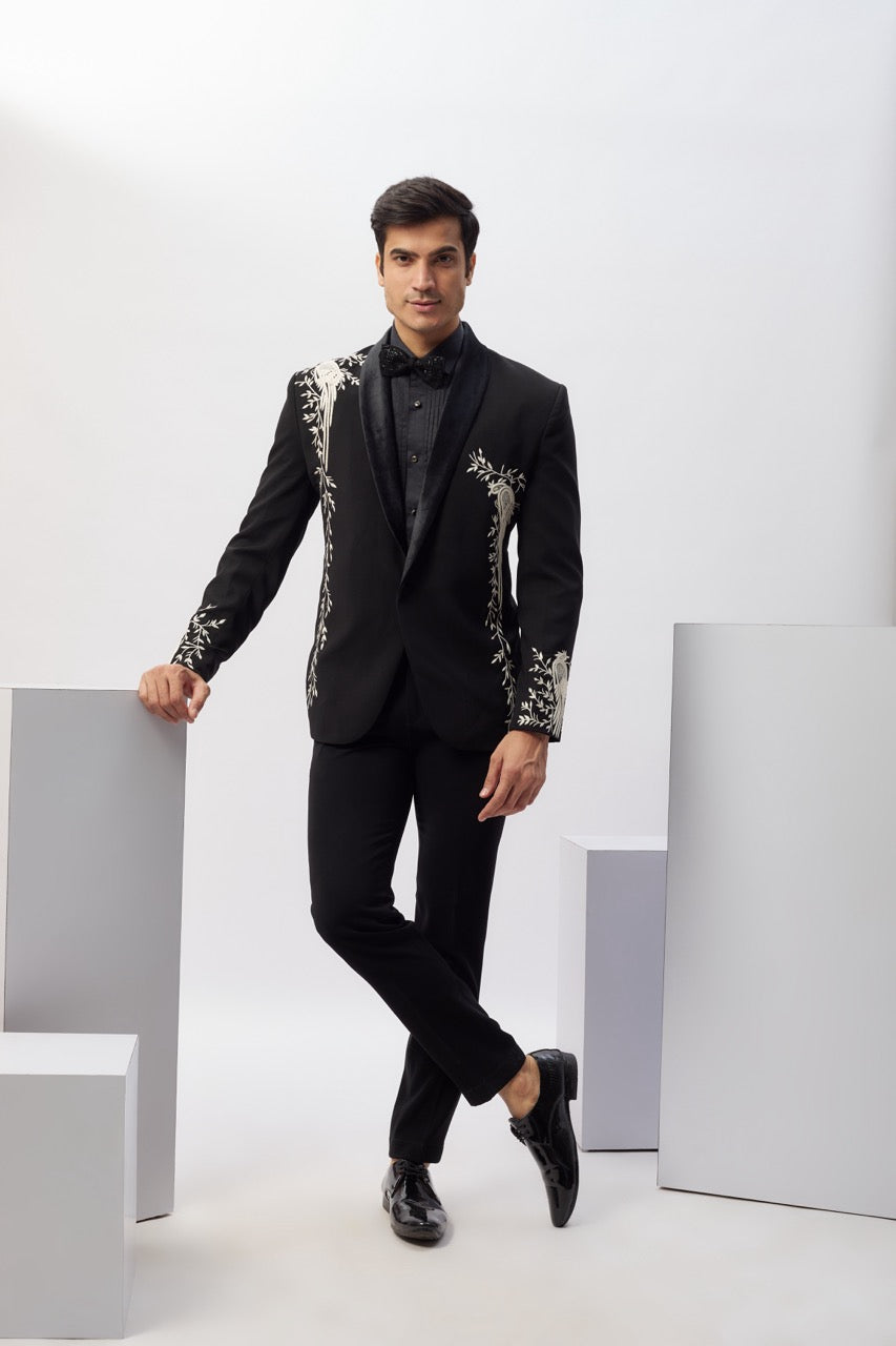 Abees Black viscose hand embroidered tuxedo set - front view