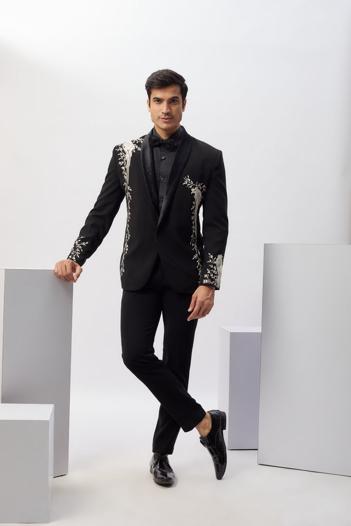 Abees Black viscose hand embroidered tuxedo set - front view