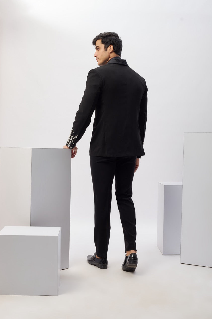 Abees Black viscose hand embroidered tuxedo set - back view