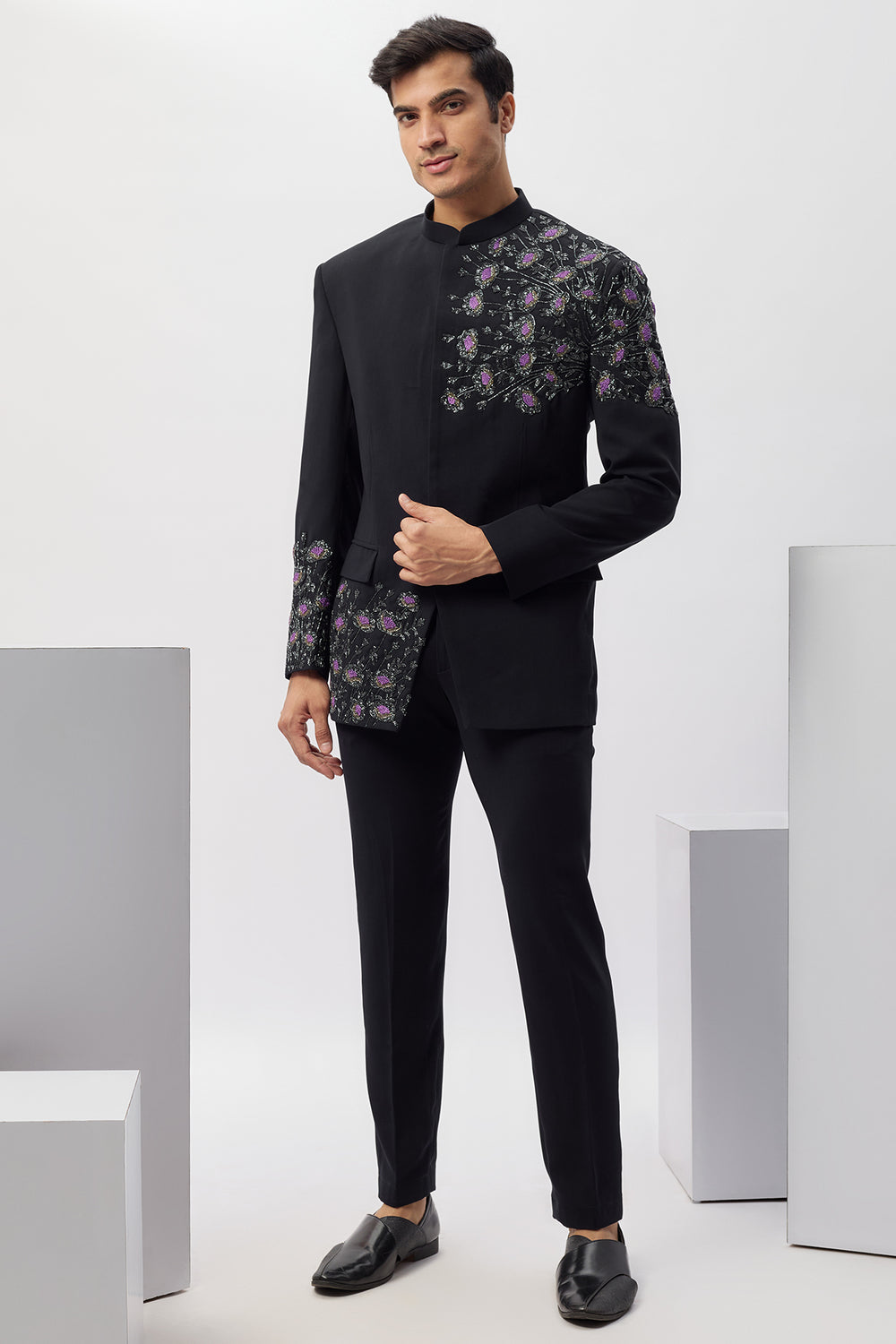 Abees Blue viscose embroidered bandhgala set - front view