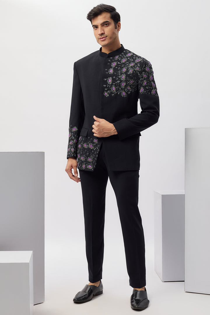 Abees Blue viscose embroidered bandhgala set - front view