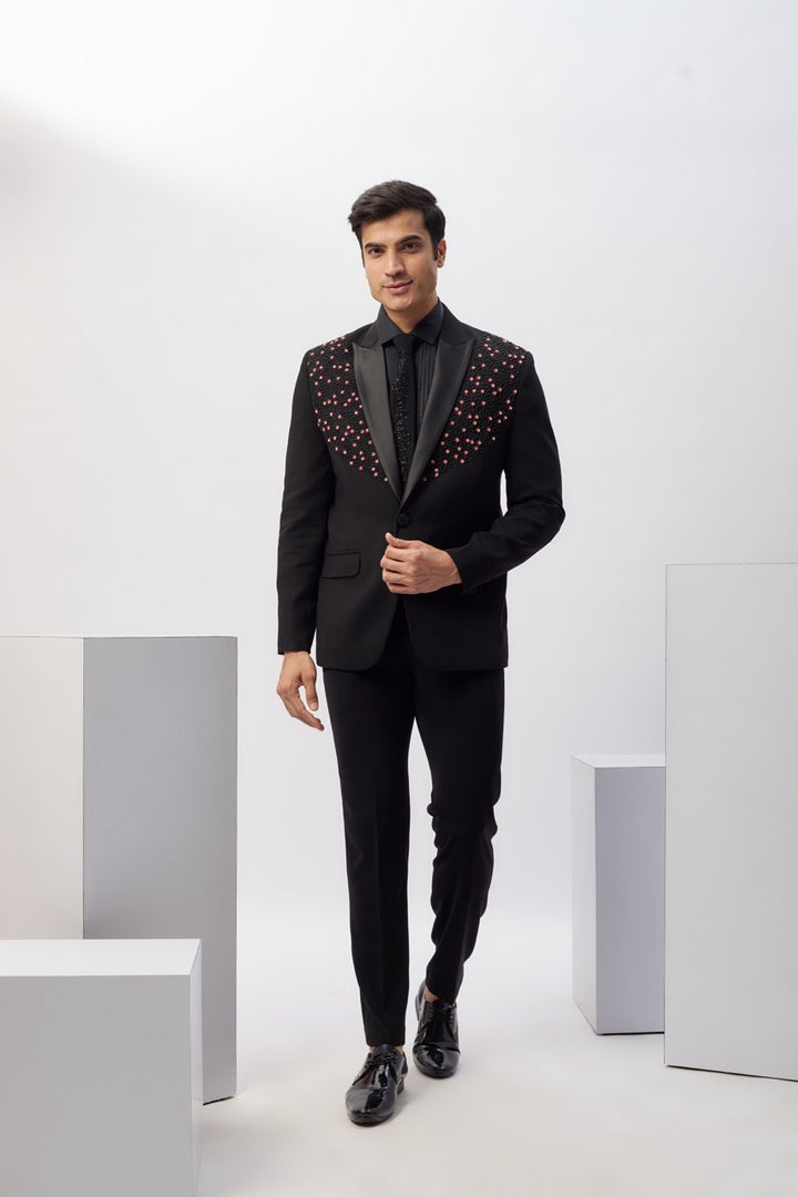 Abees Black viscose hand embroidered tuxedo set - front view